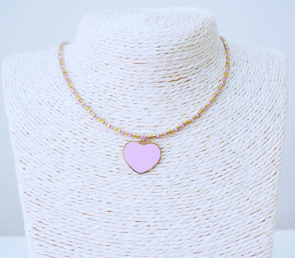 Κολιέ ατσάλινη μωβ καρδιά με Αιματίτη χρυσό και Σιδερίτη