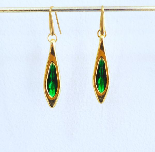Σκουλαρίκια χρυσές σταγόνες με πράσινο σμάλτο