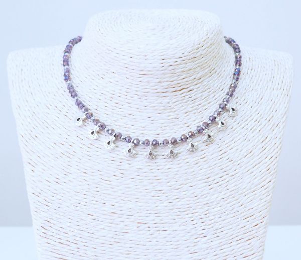 Κολιέ κοντό από επάργυρα boho στοιχεία, Αιματίτη και κρυσταλλάκια μωβ