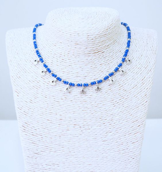 Κολιέ κοντό από επάργυρα boho στοιχεία, Αιματίτη και κρυσταλλάκια μπλε