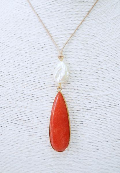 Κολιέ Νεφρίτη burnt orange, Μαργαριτάρι, Αιματίτη σε κορδόνι