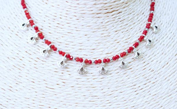 Κολιέ κοντό από επάργυρα boho στοιχεία, Αιματίτη και κρυσταλλάκια μπορντό