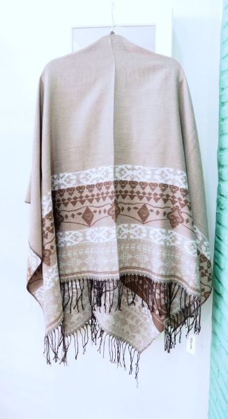 Κάπα double faced σε μπεζ, καφέ, λευκό με κρόσσια