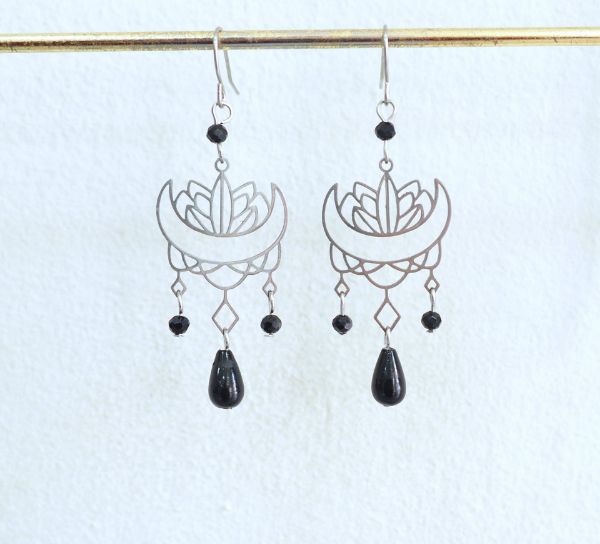 Σκουλαρίκια ατσάλινο νούφαρο με κρυσταλλάκια μαύρα