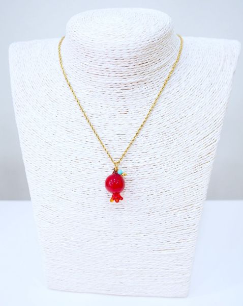 Γούρι κολιέ από ρόδι Μουράνο, Μαργαριτάρι, Τιρκουάζ σε ατσάλινη επίχρυση αλυσίδα