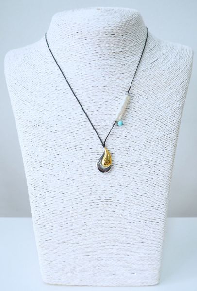 Γούρι κολιέ από ατσάλινη δίχρωμη χρονολογία σταγόνα, Μαργαριτάρι, Τιρκουάζ, Αιματίτη ασημί σε κηροκλωστή μαύρη