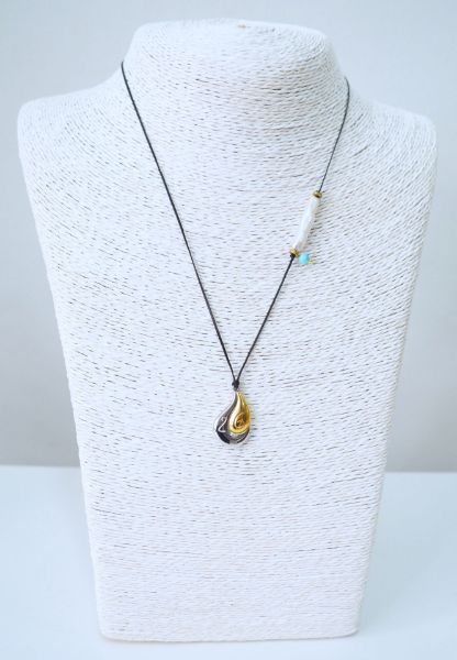 Γούρι κολιέ από ατσάλινη δίχρωμη σταγόνα, Μαργαριτάρι σωλήνα, Τιρκουάζ, Αιματίτη χρυσό σε κηροκλωστή