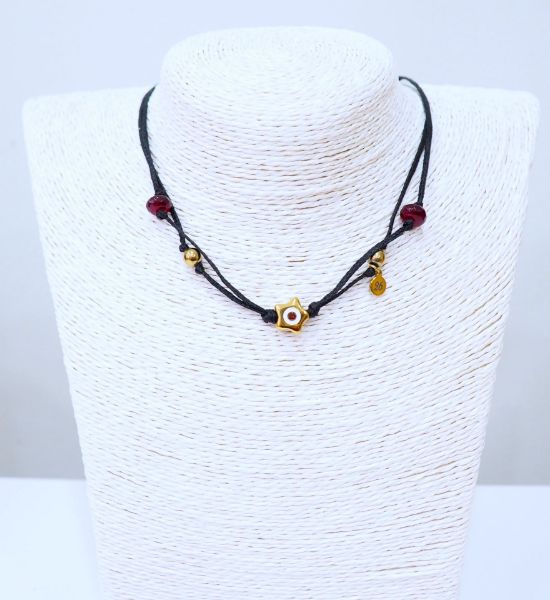 Γούρι κολιέ από ατσάλινο επίχρυσο αστέρι, Νεφρίτη, Αιματίτη σε κηροκλωστή