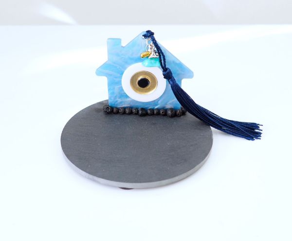 Γούρι από Σχιστόλιθο στρογγυλό με πλεξιγκλάς Σπίτι, Τιρκουάζ, Αιματίτη χρυσό, Λάβα και φούντα