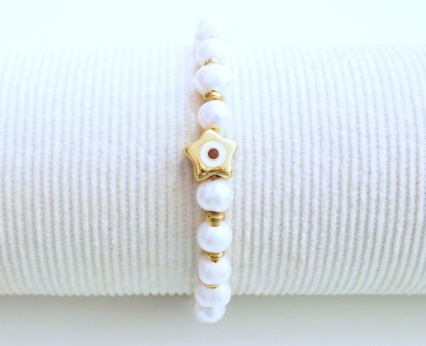 Γούρι βραχιόλι από ατσάλινο επίχρυσο αστέρι, Μαργαριτάρια και Αιματίτη