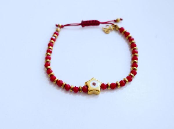 Γούρι βραχιόλι αυξομείωσης από ατσάλινο επίχρυσο αστέρι, Κρυσταλλάκια μπορντό και Αιματίτη