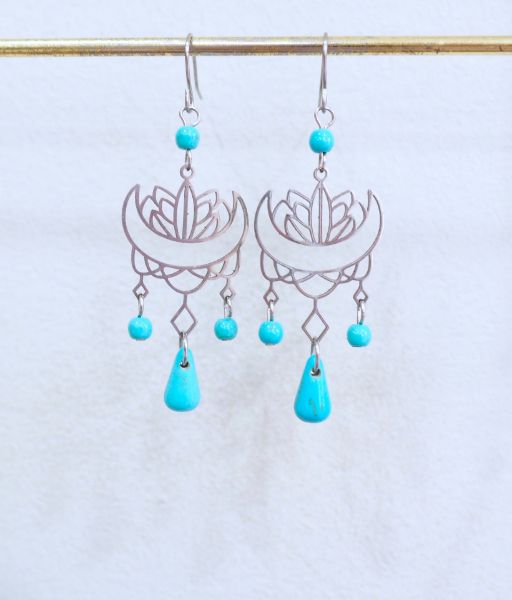 Σκουλαρίκια ατσάλινο νούφαρο με Τιρκουάζ