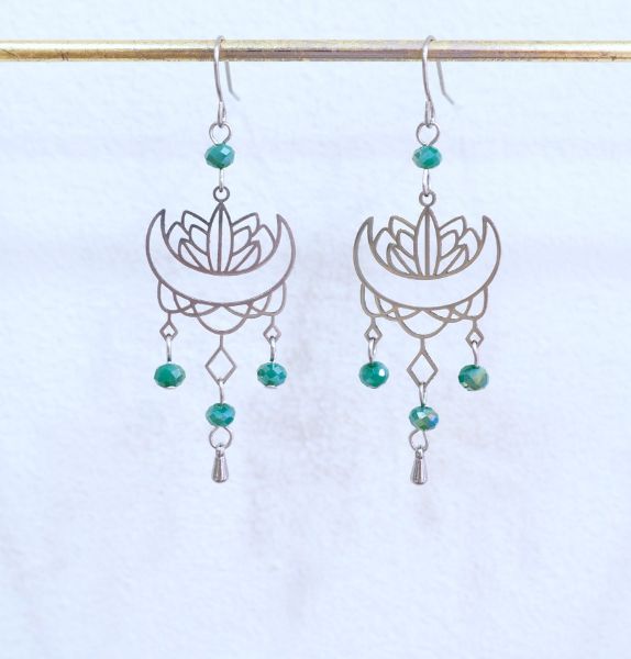 Σκουλαρίκια ατσάλινο νούφαρο με κρυσταλλάκια πράσινα